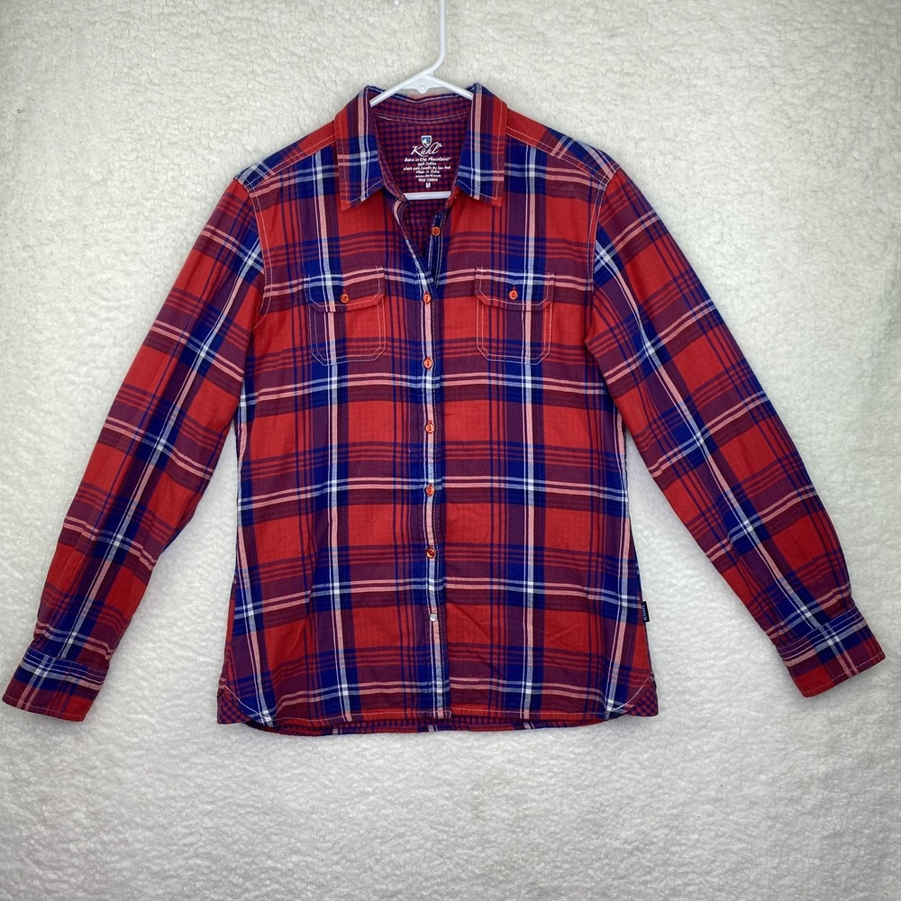 Kuhl Flannel Button-Up Shirt Womens M Red Navy Plaid Collared Pockets LongSleeve